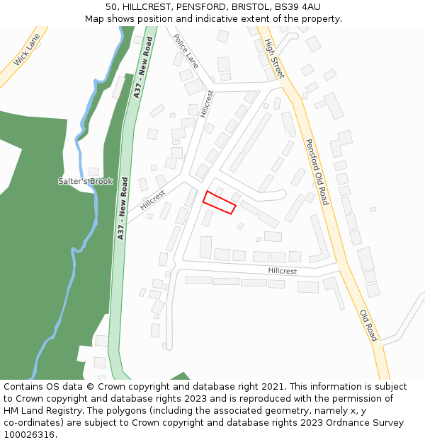 50, HILLCREST, PENSFORD, BRISTOL, BS39 4AU: Location map and indicative extent of plot