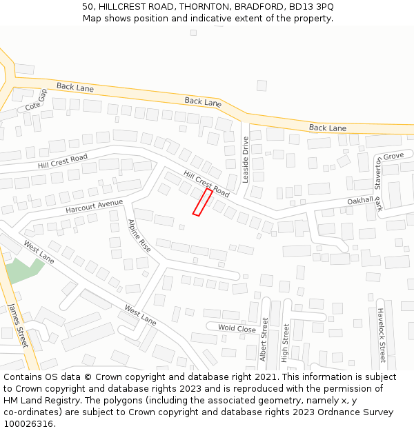 50, HILLCREST ROAD, THORNTON, BRADFORD, BD13 3PQ: Location map and indicative extent of plot