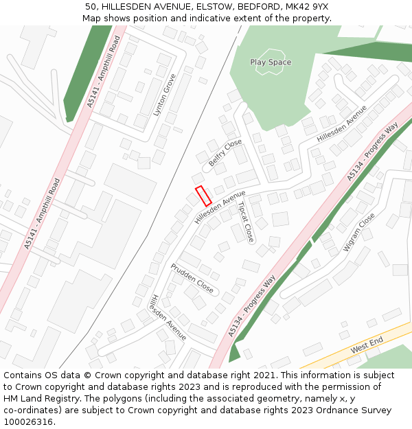 50, HILLESDEN AVENUE, ELSTOW, BEDFORD, MK42 9YX: Location map and indicative extent of plot