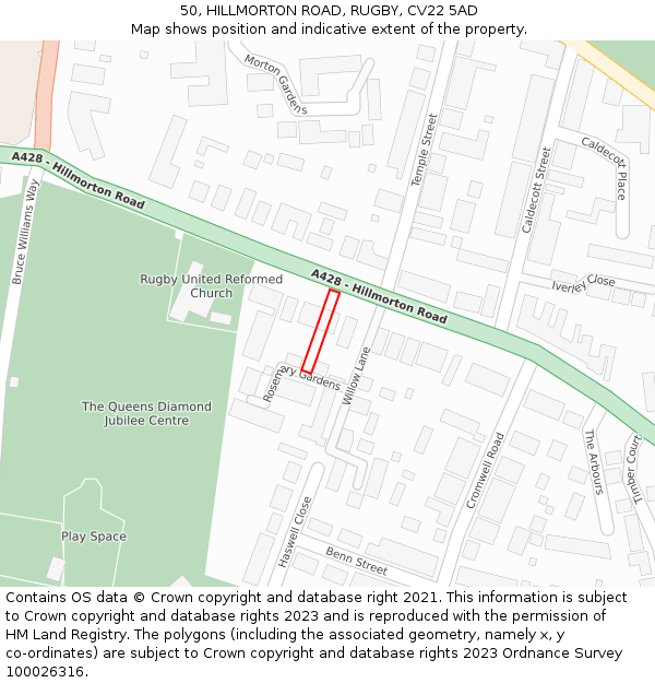 50, HILLMORTON ROAD, RUGBY, CV22 5AD: Location map and indicative extent of plot