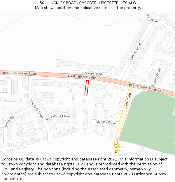 50, HINCKLEY ROAD, SAPCOTE, LEICESTER, LE9 4LG: Location map and indicative extent of plot