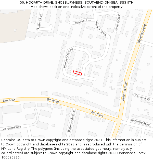 50, HOGARTH DRIVE, SHOEBURYNESS, SOUTHEND-ON-SEA, SS3 9TH: Location map and indicative extent of plot