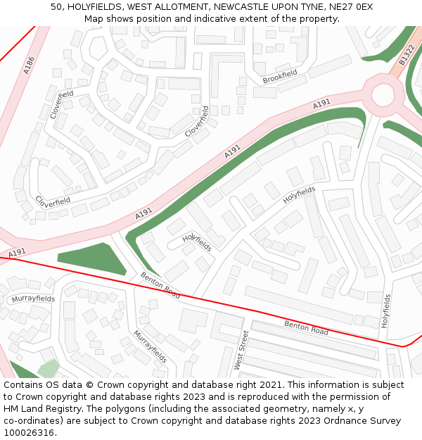 50, HOLYFIELDS, WEST ALLOTMENT, NEWCASTLE UPON TYNE, NE27 0EX: Location map and indicative extent of plot