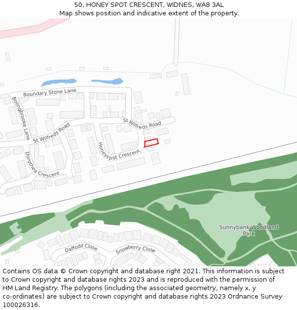 50, HONEY SPOT CRESCENT, WIDNES, WA8 3AL: Location map and indicative extent of plot