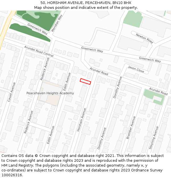 50, HORSHAM AVENUE, PEACEHAVEN, BN10 8HX: Location map and indicative extent of plot