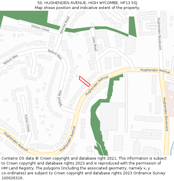 50, HUGHENDEN AVENUE, HIGH WYCOMBE, HP13 5SJ: Location map and indicative extent of plot