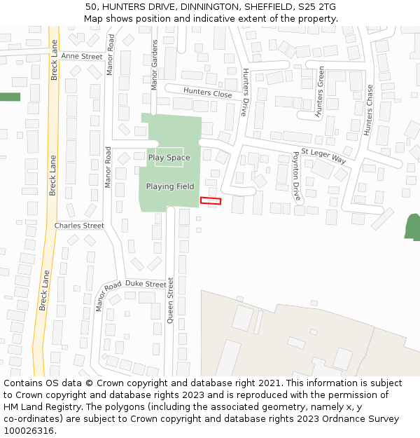 50, HUNTERS DRIVE, DINNINGTON, SHEFFIELD, S25 2TG: Location map and indicative extent of plot