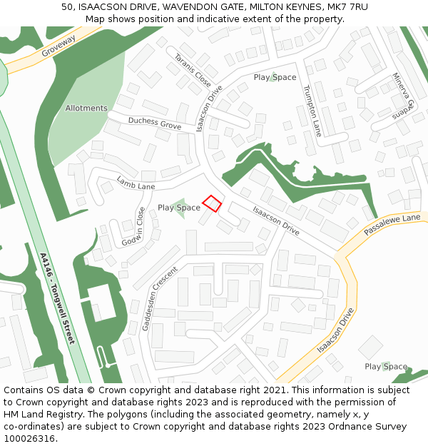 50, ISAACSON DRIVE, WAVENDON GATE, MILTON KEYNES, MK7 7RU: Location map and indicative extent of plot