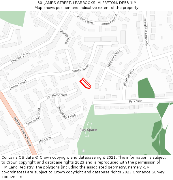 50, JAMES STREET, LEABROOKS, ALFRETON, DE55 1LY: Location map and indicative extent of plot