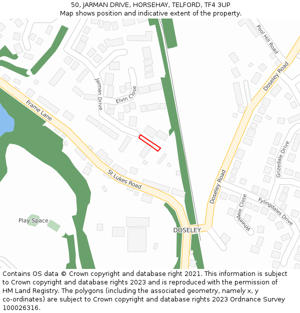 50, JARMAN DRIVE, HORSEHAY, TELFORD, TF4 3UP: Location map and indicative extent of plot