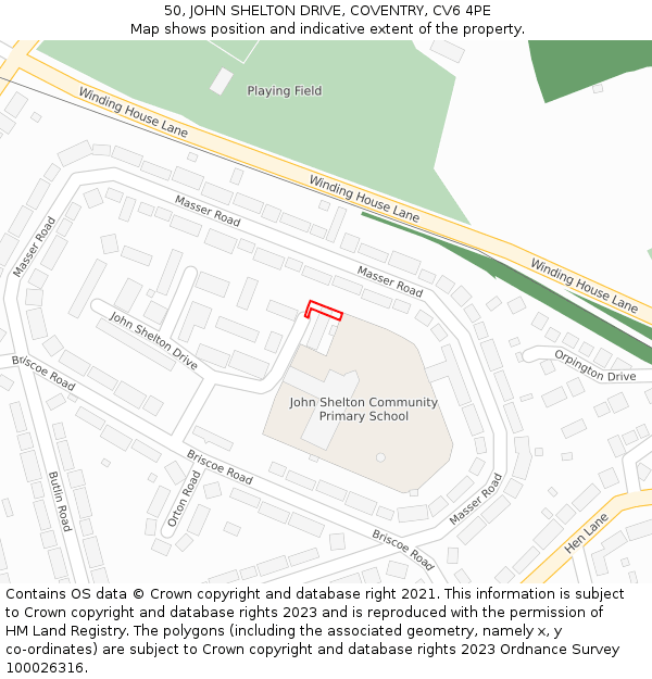 50, JOHN SHELTON DRIVE, COVENTRY, CV6 4PE: Location map and indicative extent of plot