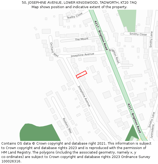 50, JOSEPHINE AVENUE, LOWER KINGSWOOD, TADWORTH, KT20 7AQ: Location map and indicative extent of plot