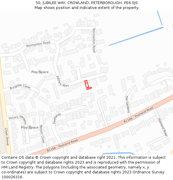 50, JUBILEE WAY, CROWLAND, PETERBOROUGH, PE6 0JS: Location map and indicative extent of plot