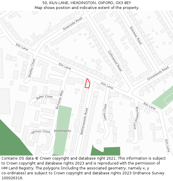 50, KILN LANE, HEADINGTON, OXFORD, OX3 8EY: Location map and indicative extent of plot