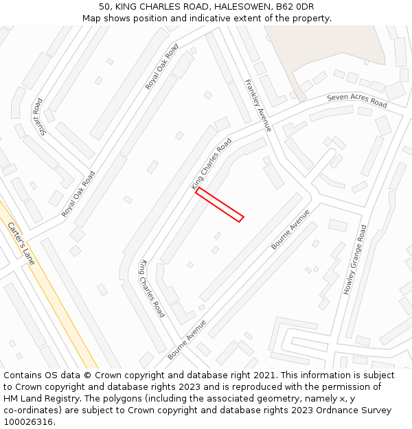 50, KING CHARLES ROAD, HALESOWEN, B62 0DR: Location map and indicative extent of plot