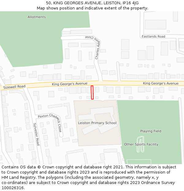 50, KING GEORGES AVENUE, LEISTON, IP16 4JG: Location map and indicative extent of plot