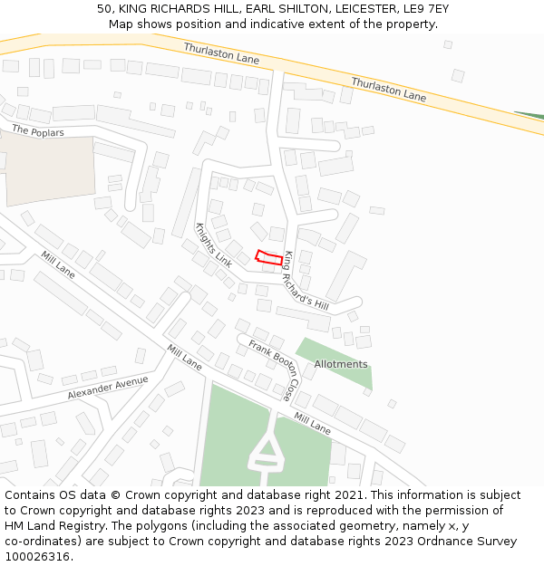 50, KING RICHARDS HILL, EARL SHILTON, LEICESTER, LE9 7EY: Location map and indicative extent of plot