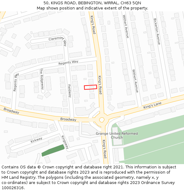 50, KINGS ROAD, BEBINGTON, WIRRAL, CH63 5QN: Location map and indicative extent of plot