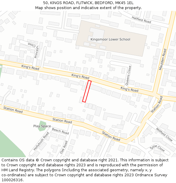 50, KINGS ROAD, FLITWICK, BEDFORD, MK45 1EL: Location map and indicative extent of plot
