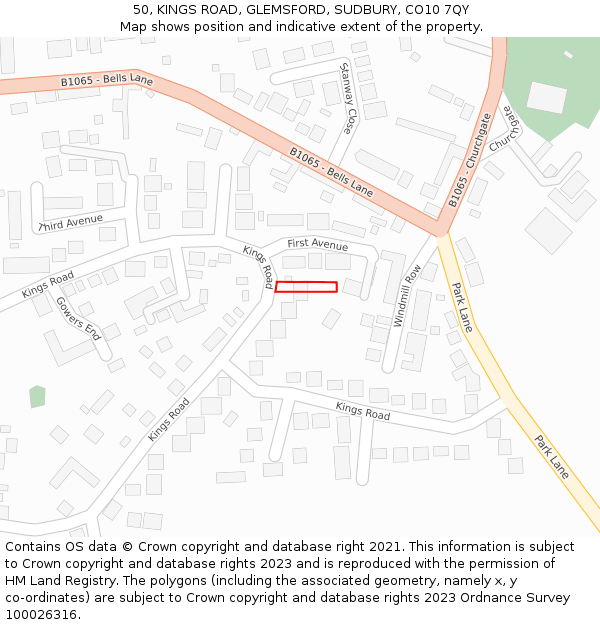 50, KINGS ROAD, GLEMSFORD, SUDBURY, CO10 7QY: Location map and indicative extent of plot