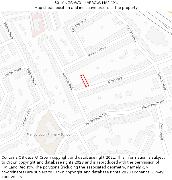 50, KINGS WAY, HARROW, HA1 1XU: Location map and indicative extent of plot