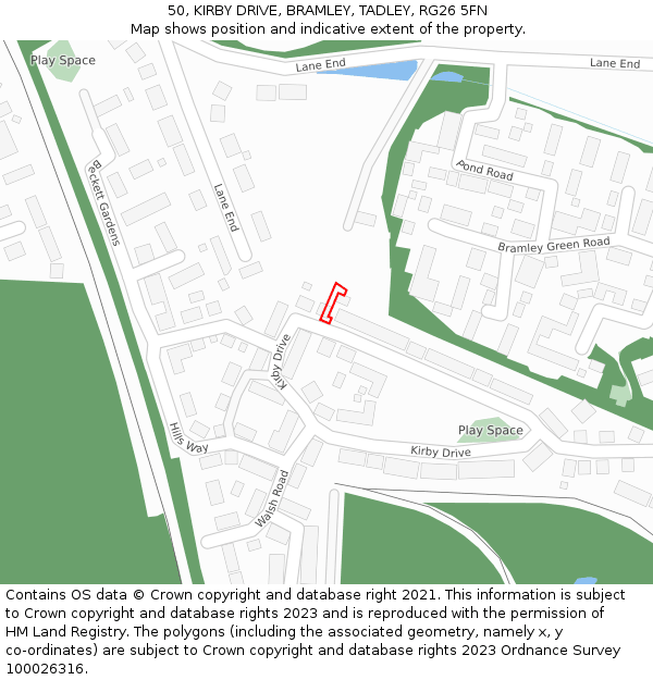 50, KIRBY DRIVE, BRAMLEY, TADLEY, RG26 5FN: Location map and indicative extent of plot