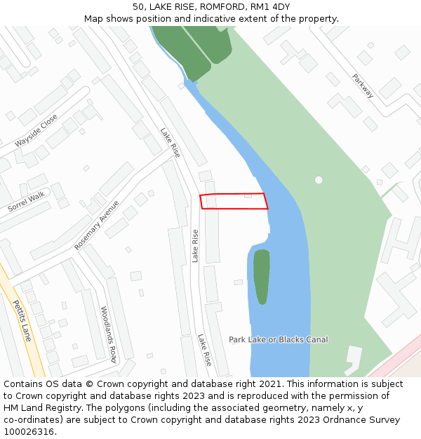 50, LAKE RISE, ROMFORD, RM1 4DY: Location map and indicative extent of plot