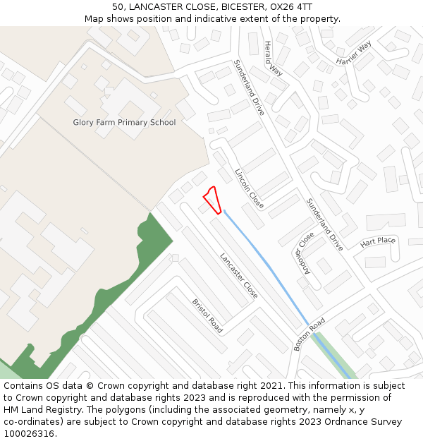 50, LANCASTER CLOSE, BICESTER, OX26 4TT: Location map and indicative extent of plot