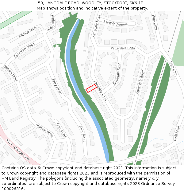 50, LANGDALE ROAD, WOODLEY, STOCKPORT, SK6 1BH: Location map and indicative extent of plot