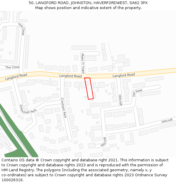 50, LANGFORD ROAD, JOHNSTON, HAVERFORDWEST, SA62 3PX: Location map and indicative extent of plot