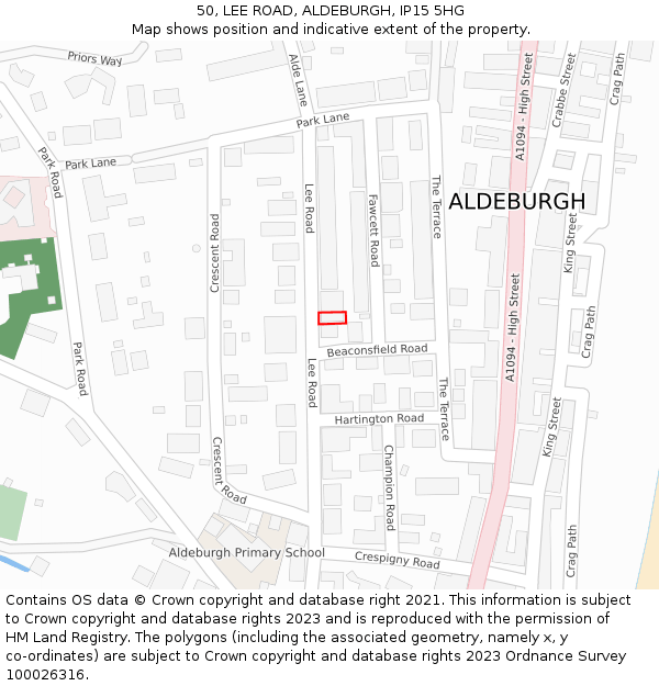 50, LEE ROAD, ALDEBURGH, IP15 5HG: Location map and indicative extent of plot