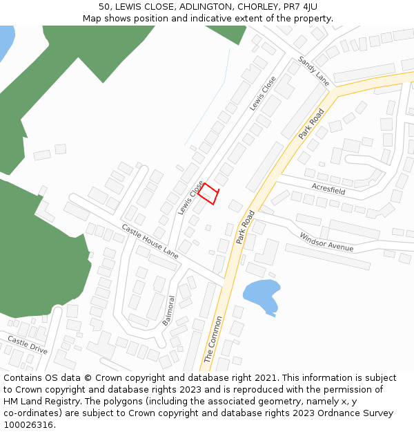 50, LEWIS CLOSE, ADLINGTON, CHORLEY, PR7 4JU: Location map and indicative extent of plot