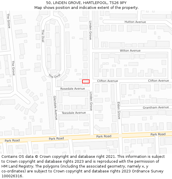 50, LINDEN GROVE, HARTLEPOOL, TS26 9PY: Location map and indicative extent of plot