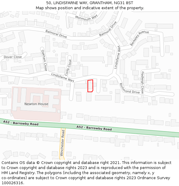 50, LINDISFARNE WAY, GRANTHAM, NG31 8ST: Location map and indicative extent of plot