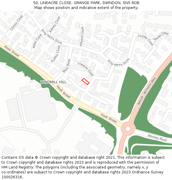 50, LINEACRE CLOSE, GRANGE PARK, SWINDON, SN5 6DB: Location map and indicative extent of plot