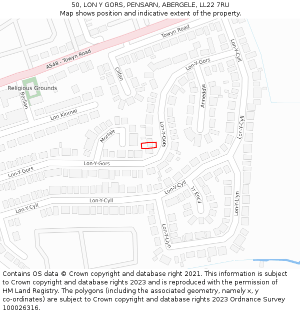 50, LON Y GORS, PENSARN, ABERGELE, LL22 7RU: Location map and indicative extent of plot