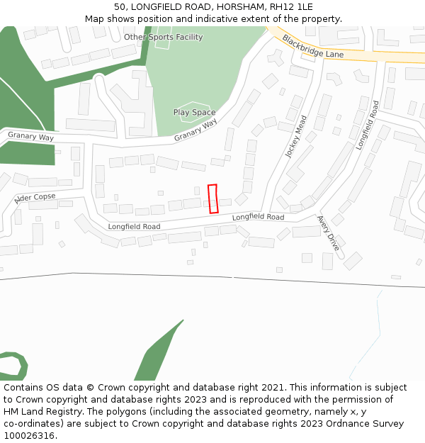 50, LONGFIELD ROAD, HORSHAM, RH12 1LE: Location map and indicative extent of plot