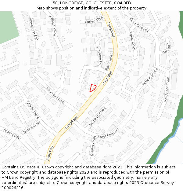 50, LONGRIDGE, COLCHESTER, CO4 3FB: Location map and indicative extent of plot