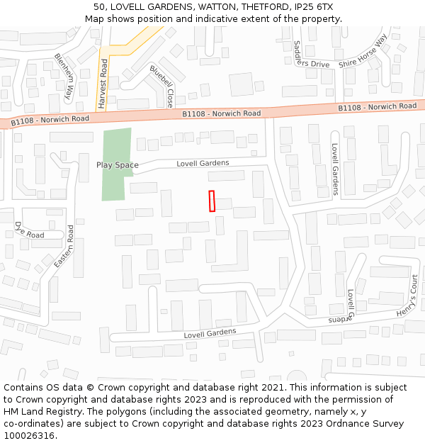 50, LOVELL GARDENS, WATTON, THETFORD, IP25 6TX: Location map and indicative extent of plot