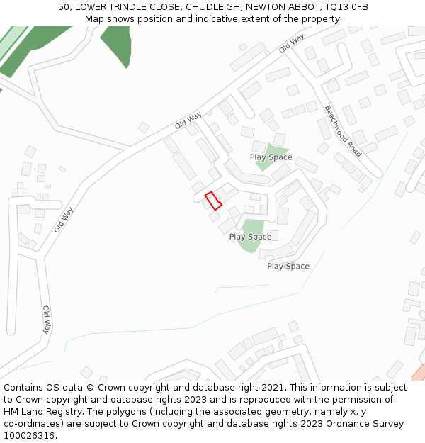 50, LOWER TRINDLE CLOSE, CHUDLEIGH, NEWTON ABBOT, TQ13 0FB: Location map and indicative extent of plot