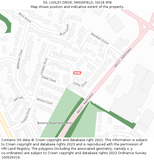 50, LOXLEY DRIVE, MANSFIELD, NG18 4FB: Location map and indicative extent of plot