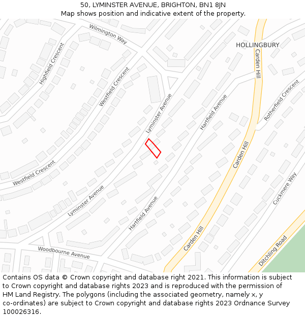 50, LYMINSTER AVENUE, BRIGHTON, BN1 8JN: Location map and indicative extent of plot