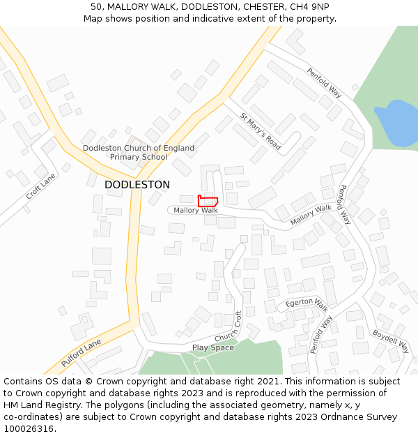 50, MALLORY WALK, DODLESTON, CHESTER, CH4 9NP: Location map and indicative extent of plot