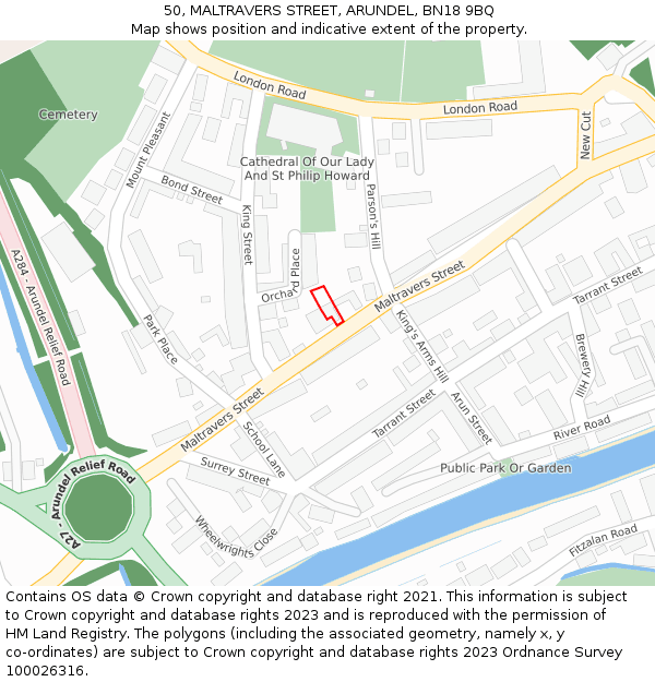 50, MALTRAVERS STREET, ARUNDEL, BN18 9BQ: Location map and indicative extent of plot