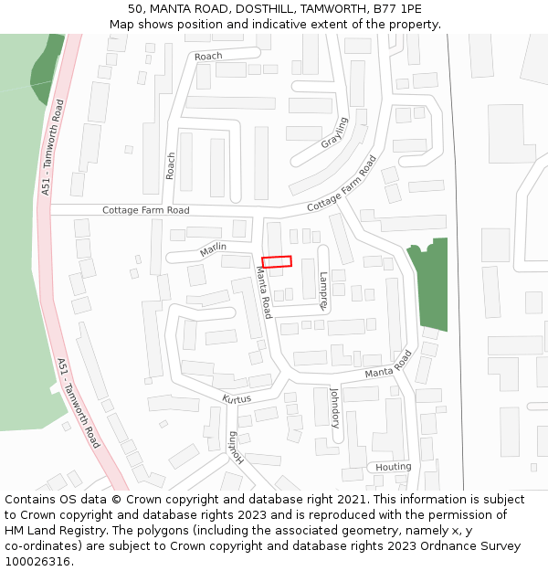 50, MANTA ROAD, DOSTHILL, TAMWORTH, B77 1PE: Location map and indicative extent of plot