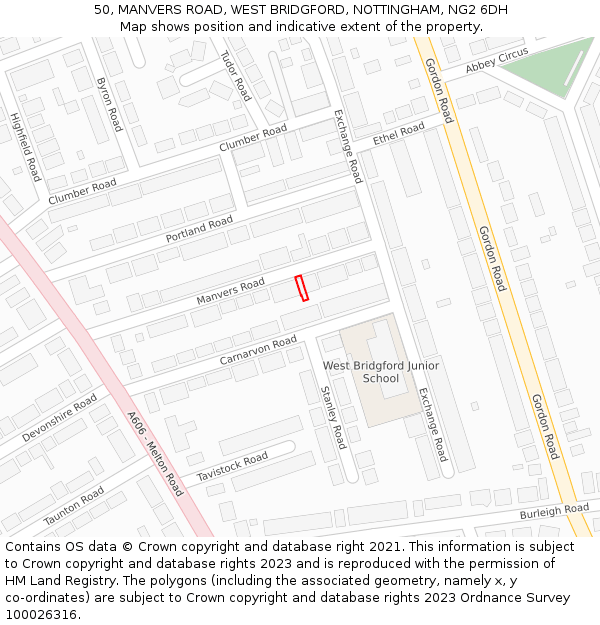 50, MANVERS ROAD, WEST BRIDGFORD, NOTTINGHAM, NG2 6DH: Location map and indicative extent of plot