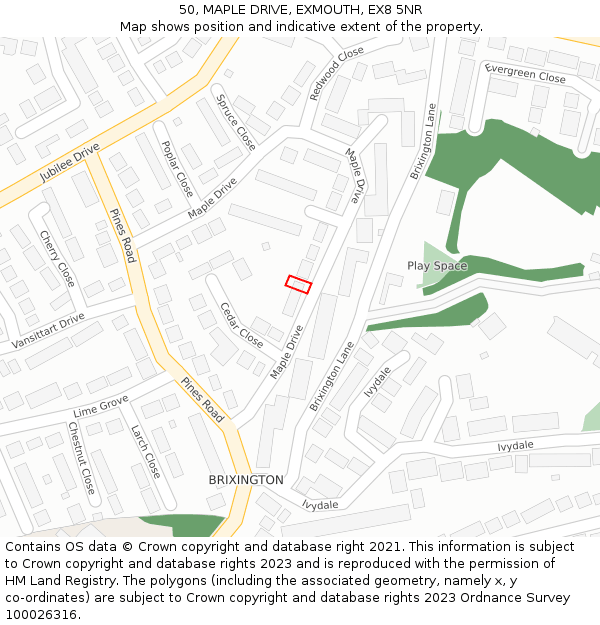 50, MAPLE DRIVE, EXMOUTH, EX8 5NR: Location map and indicative extent of plot