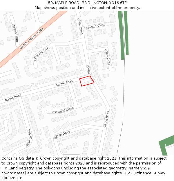 50, MAPLE ROAD, BRIDLINGTON, YO16 6TE: Location map and indicative extent of plot