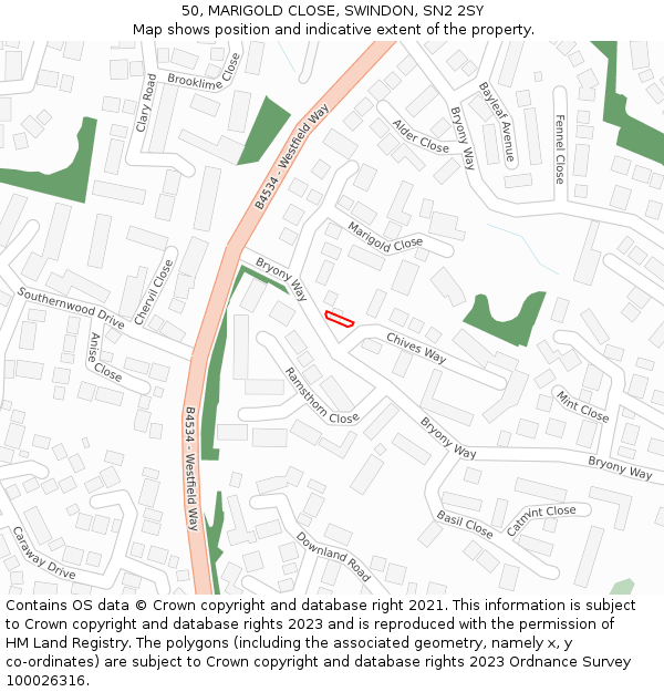 50, MARIGOLD CLOSE, SWINDON, SN2 2SY: Location map and indicative extent of plot