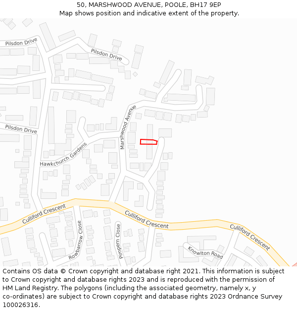 50, MARSHWOOD AVENUE, POOLE, BH17 9EP: Location map and indicative extent of plot